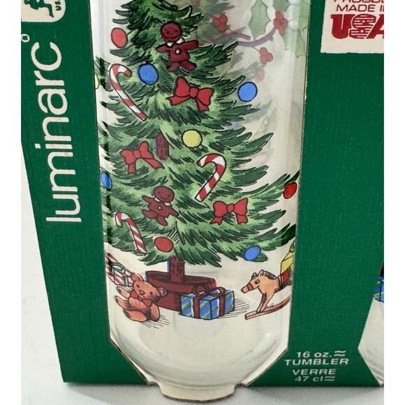 Luminarc Noel Christmas Tree Gifts Set 4 Glass Tumblers 16 oz New Vintage Stock - Picture 1 of 7